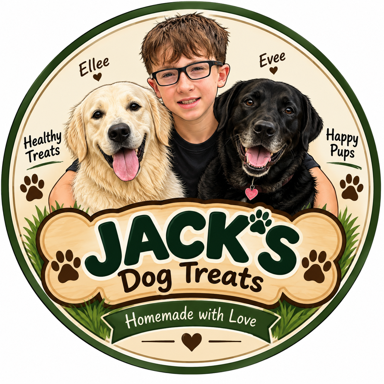 Jack's Dog Treats cartoon logo with Jack, Ellee and Evee